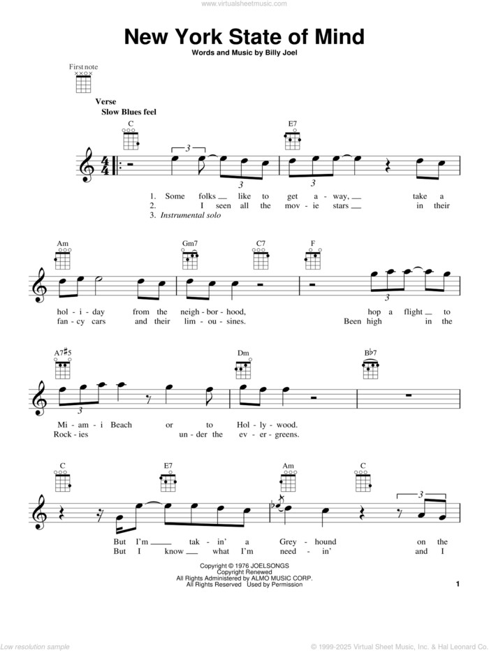 New York State Of Mind sheet music for ukulele by Billy Joel, intermediate skill level