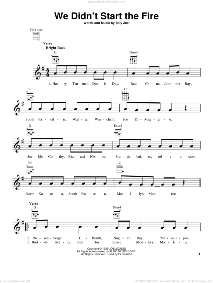 We Didn't Start The Fire sheet music for ukulele by Billy Joel, intermediate skill level