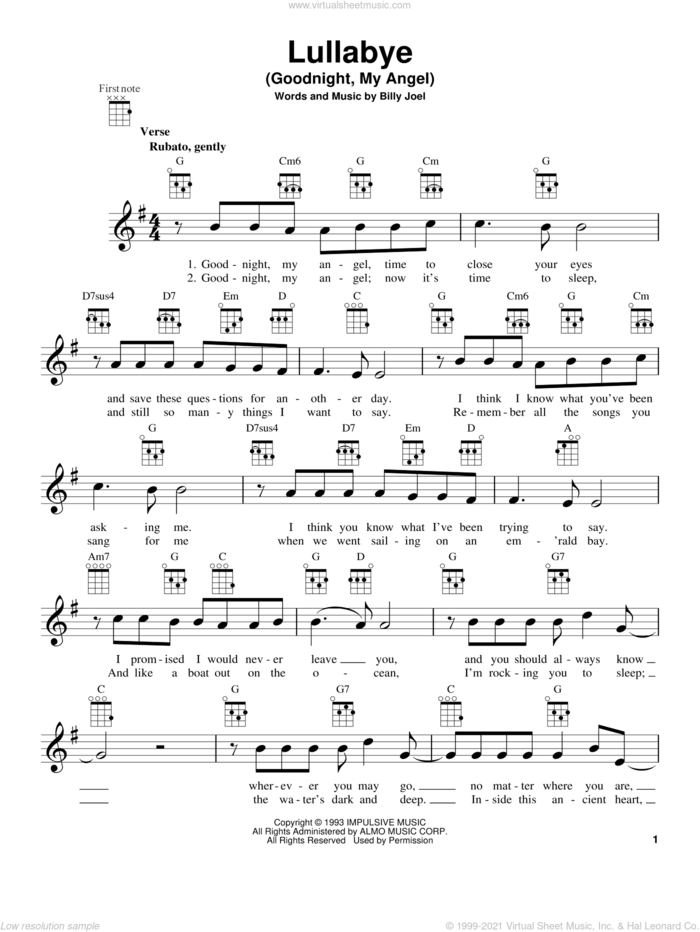 Lullabye (Goodnight, My Angel) sheet music for ukulele by Billy Joel, intermediate skill level