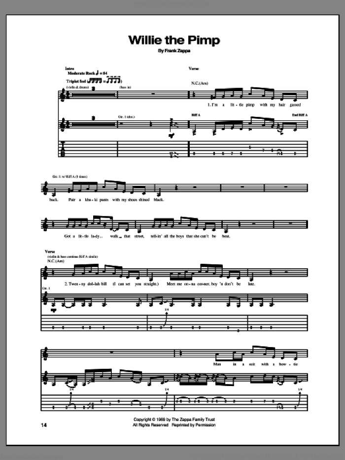 Willie The Pimp sheet music for guitar (tablature) by Frank Zappa, intermediate skill level