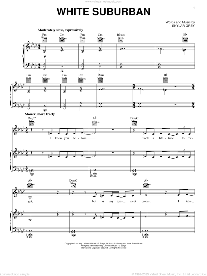 White Suburban sheet music for voice, piano or guitar by Skylar Grey, intermediate skill level