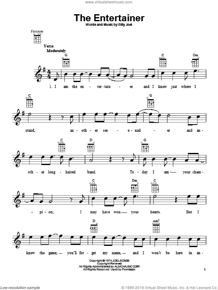 The Entertainer sheet music for ukulele by Billy Joel, intermediate skill level