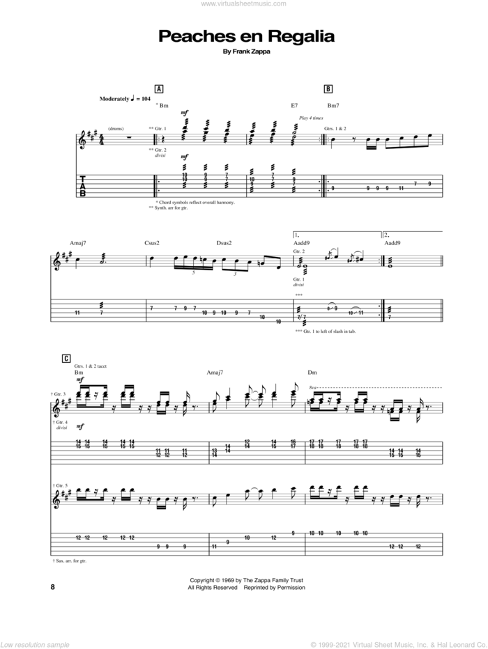 Peaches En Regalia sheet music for guitar (tablature) by Frank Zappa, intermediate skill level
