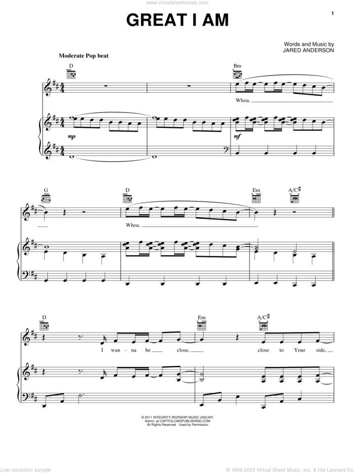 Great I Am sheet music for voice, piano or guitar by Jared Anderson, intermediate skill level