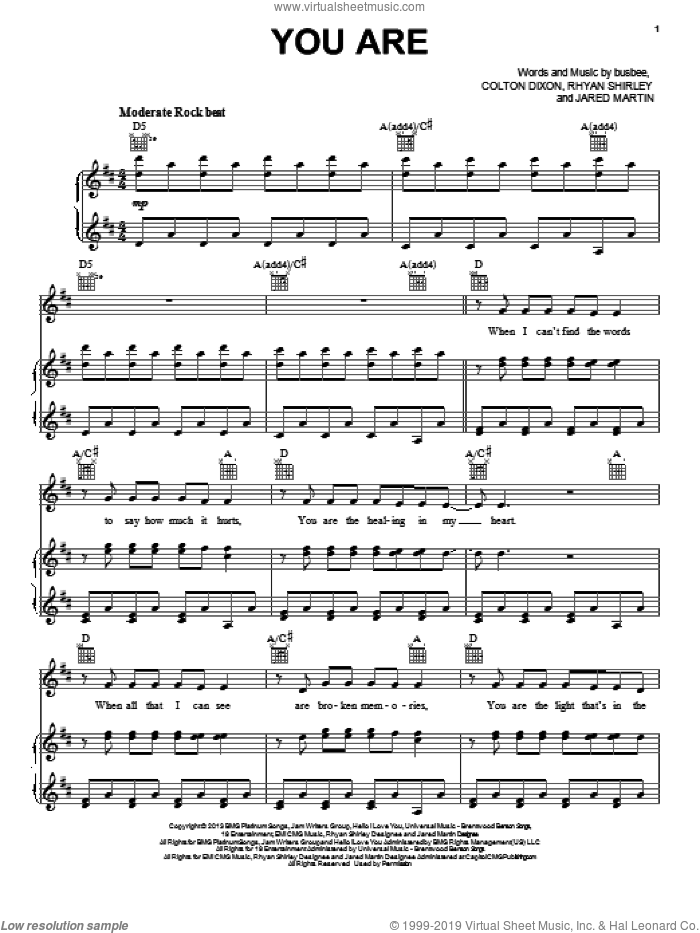 You Are sheet music for voice, piano or guitar by Colton Dixon, intermediate skill level
