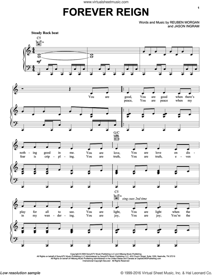 Forever Reign sheet music for voice, piano or guitar by Jason Ingram, Hillsong Worship and Reuben Morgan, intermediate skill level