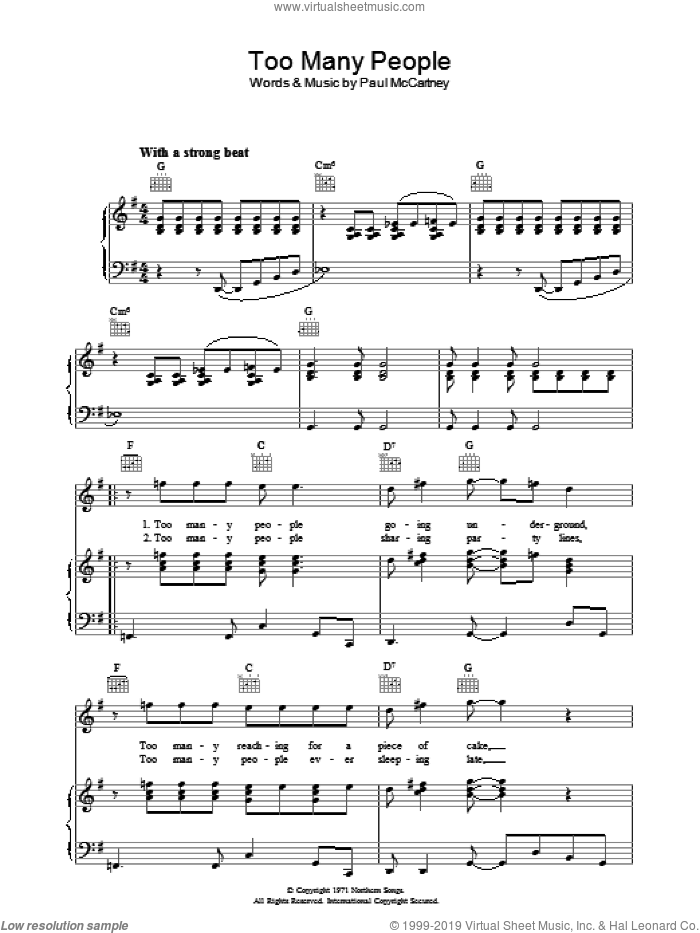 Too Many People sheet music for voice, piano or guitar by Paul McCartney, intermediate skill level