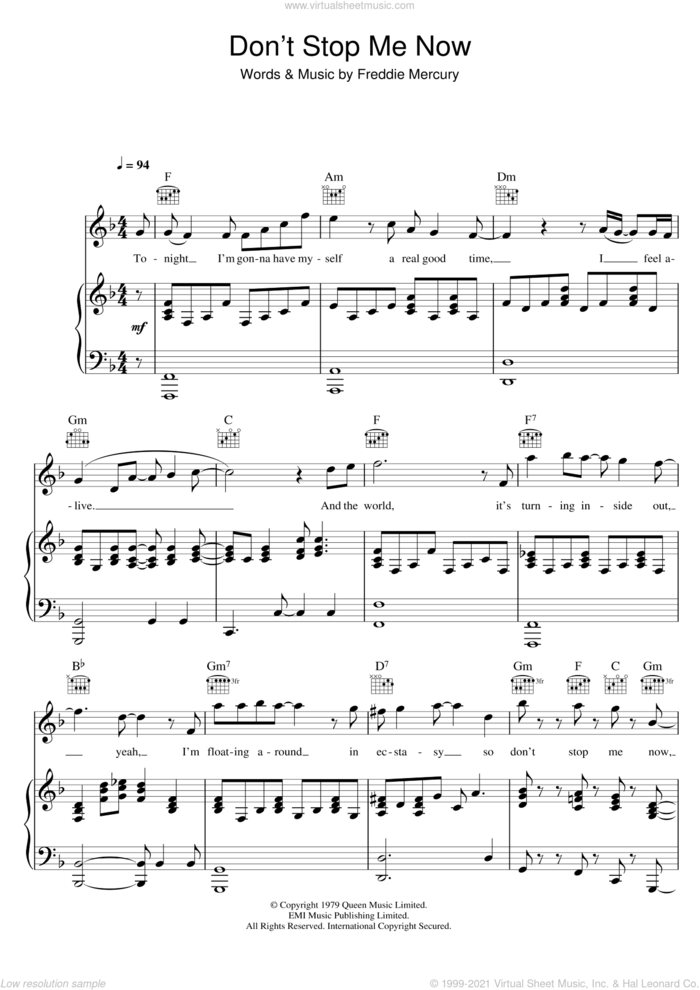 Don't Stop Me Now sheet music for voice, piano or guitar by Queen and Freddie Mercury, intermediate skill level