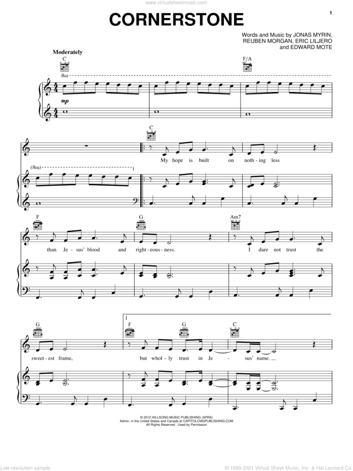 Cornerstone sheet music for voice, piano or guitar by Hillsong Live, intermediate skill level