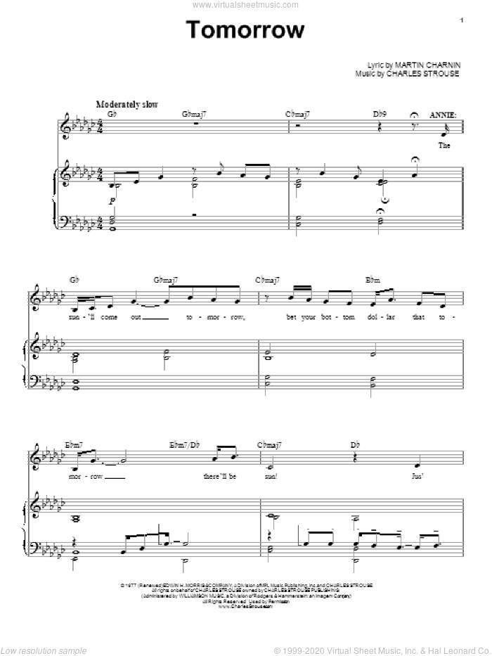 Tomorrow sheet music for voice, piano or guitar by Charles Strouse, intermediate skill level