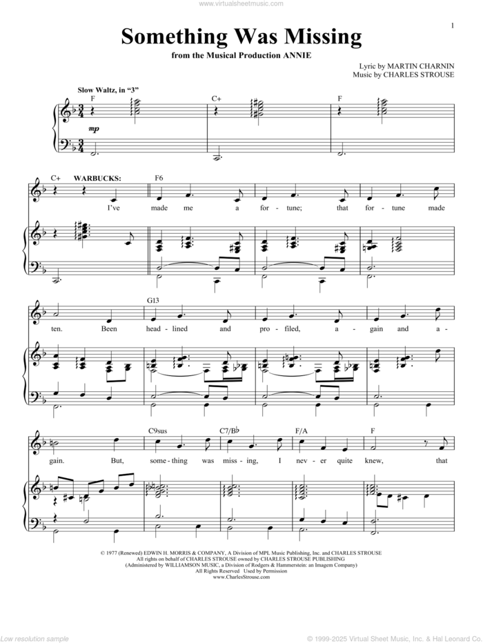 Something Was Missing sheet music for voice, piano or guitar by Charles Strouse, intermediate skill level