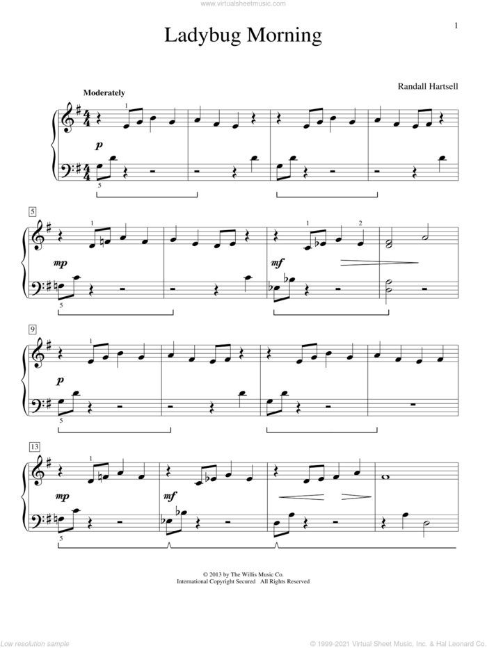 Ladybug Morning sheet music for piano solo (elementary) by Randall Hartsell, classical score, beginner piano (elementary)