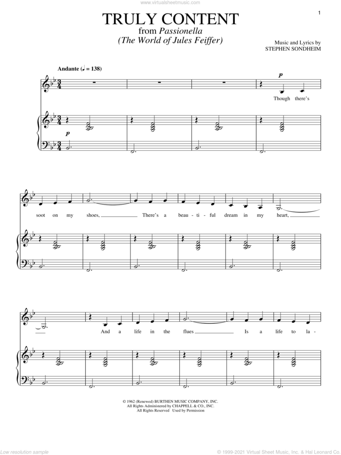 Truly Content sheet music for voice and piano by Stephen Sondheim, intermediate skill level