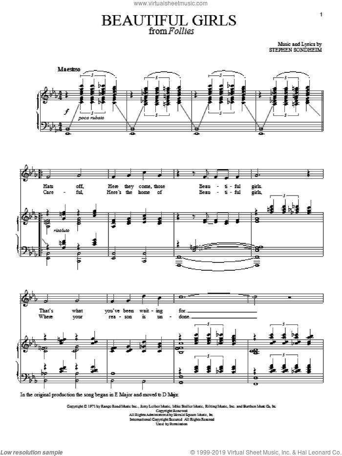 Beautiful Girls sheet music for voice and piano by Stephen Sondheim, intermediate skill level