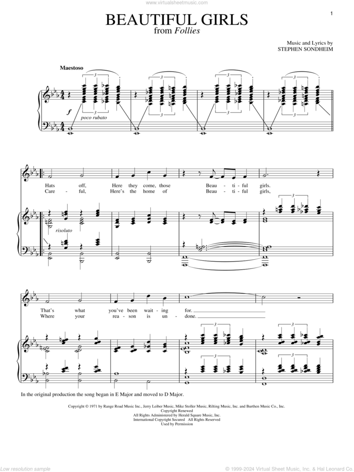 Beautiful Girls sheet music for voice and piano by Stephen Sondheim, intermediate skill level