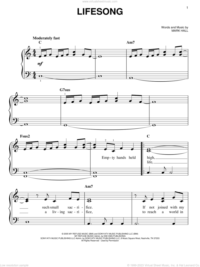 Lifesong sheet music for piano solo by Casting Crowns and Mark Hall, easy skill level