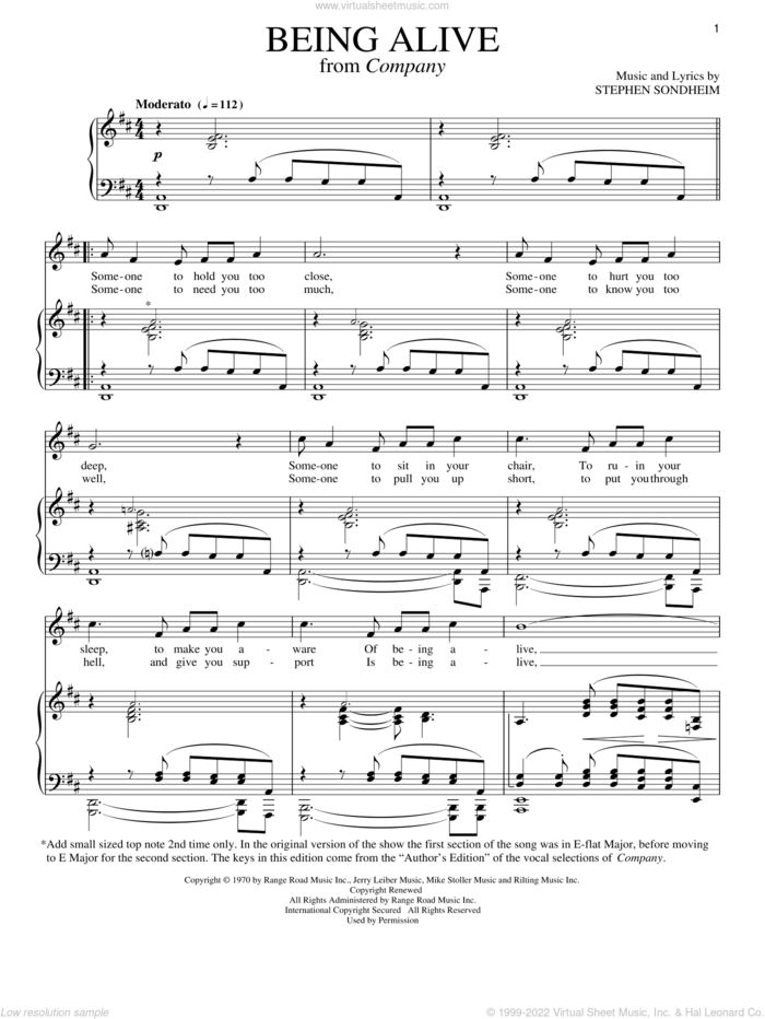 Being Alive sheet music for voice and piano by Stephen Sondheim, intermediate skill level