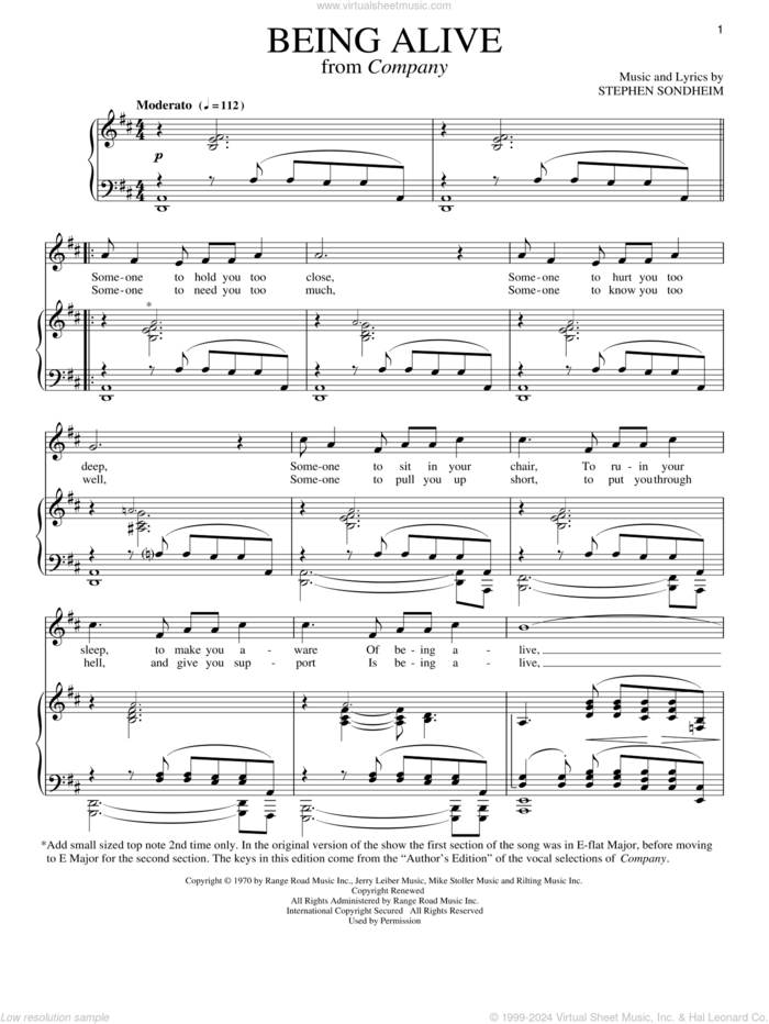 Being Alive sheet music for voice and piano by Stephen Sondheim, intermediate skill level