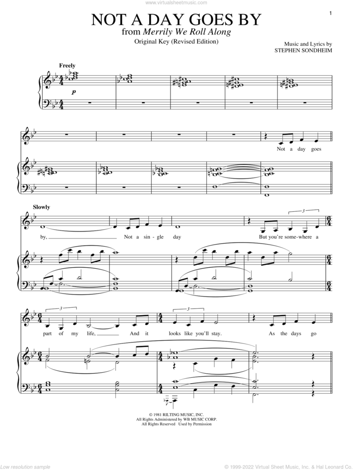 Not A Day Goes By (Act I) (from Merrily We Roll Along) sheet music for voice and piano by Stephen Sondheim and Carly Simon, intermediate skill level