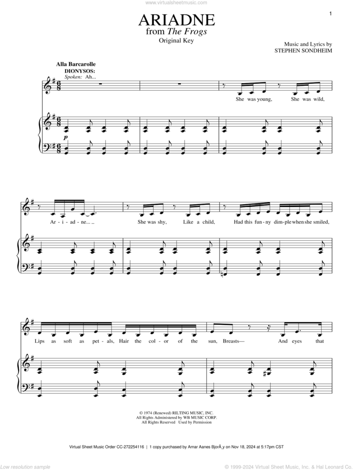 Ariadne sheet music for voice and piano by Stephen Sondheim, intermediate skill level