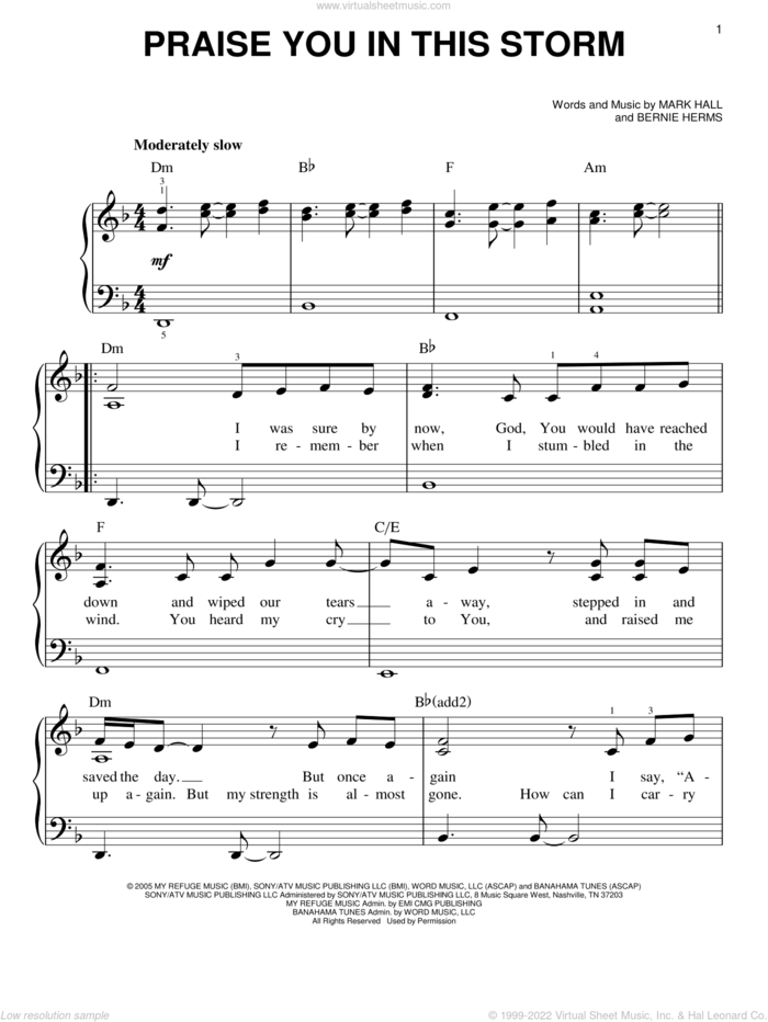 Praise You In This Storm, (easy) sheet music for piano solo by Casting Crowns, Bernie Herms and Mark Hall, easy skill level