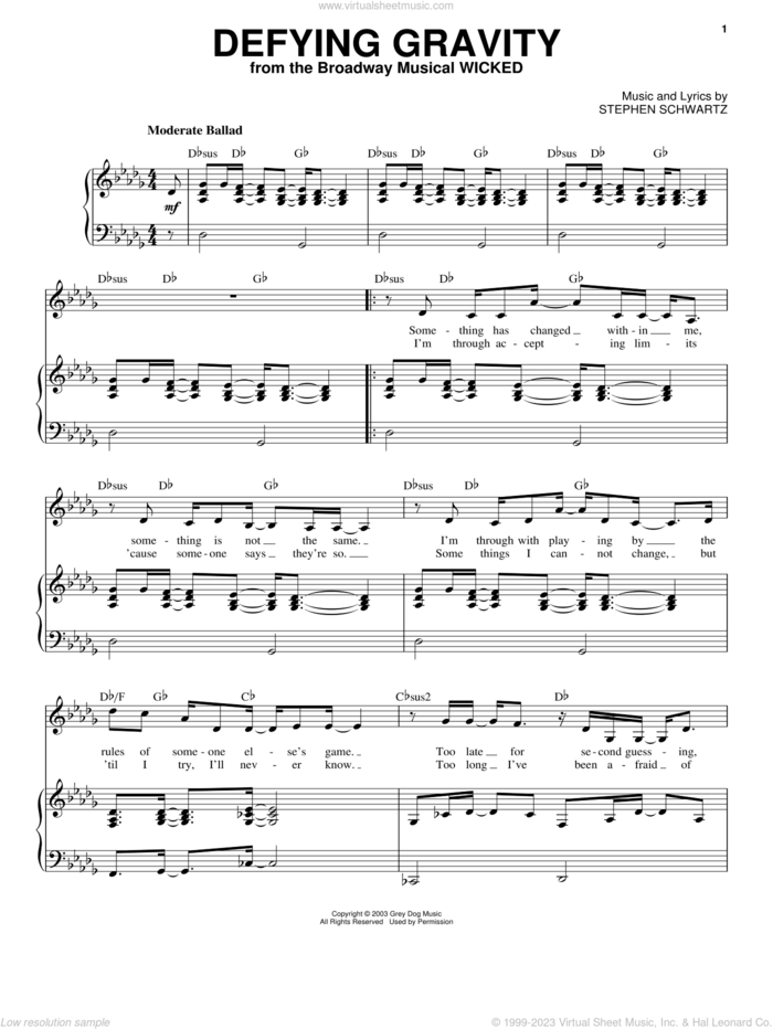 Defying Gravity (from Wicked) sheet music for voice and piano by Stephen Schwartz, intermediate skill level