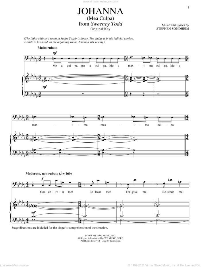 Johanna (Judge's Version) sheet music for voice and piano by Stephen Sondheim, intermediate skill level