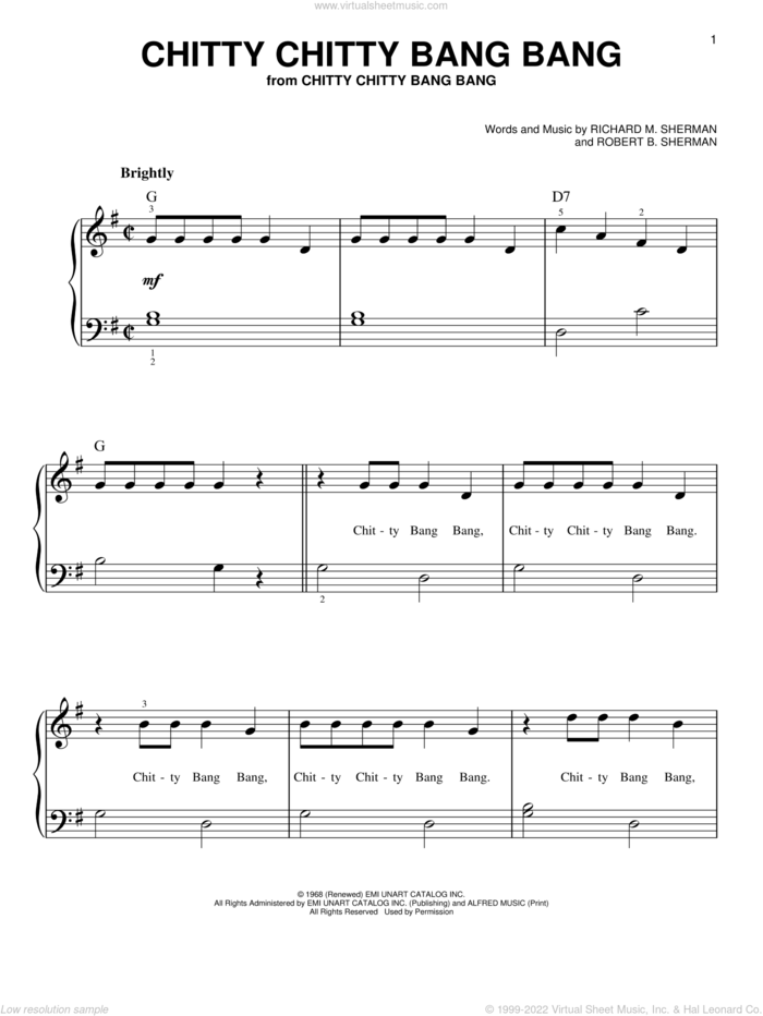 Chitty Chitty Bang Bang sheet music for piano solo by Robert B. Sherman and Richard M. Sherman, beginner skill level