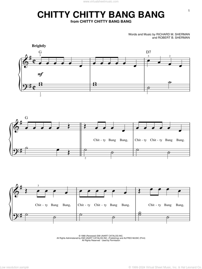 Chitty Chitty Bang Bang sheet music for piano solo by Robert B. Sherman and Richard M. Sherman, beginner skill level