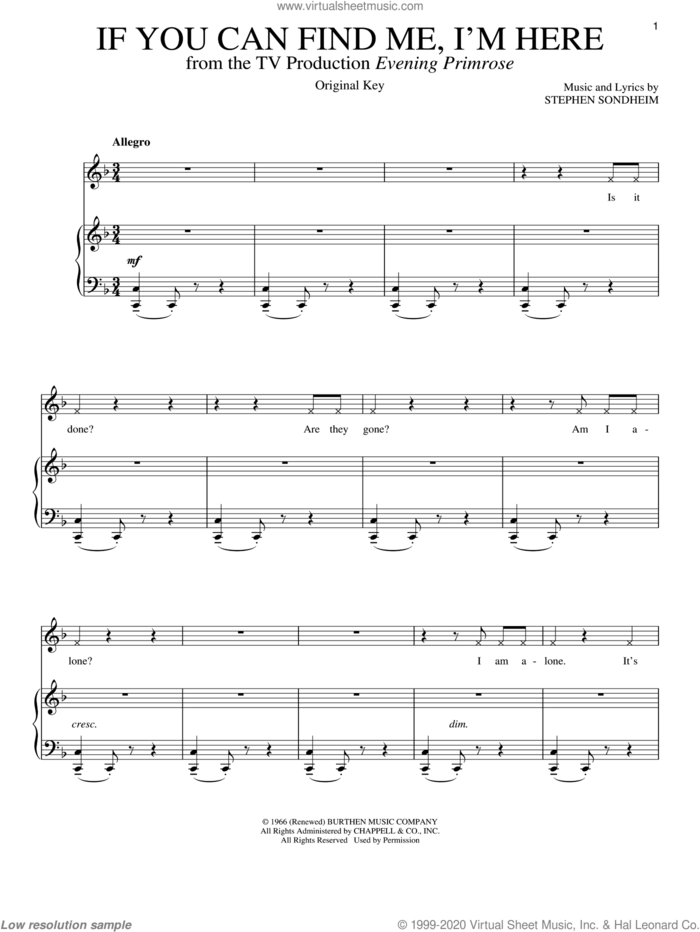 If You Can Find Me, I'm Here sheet music for voice and piano by Stephen Sondheim, intermediate skill level
