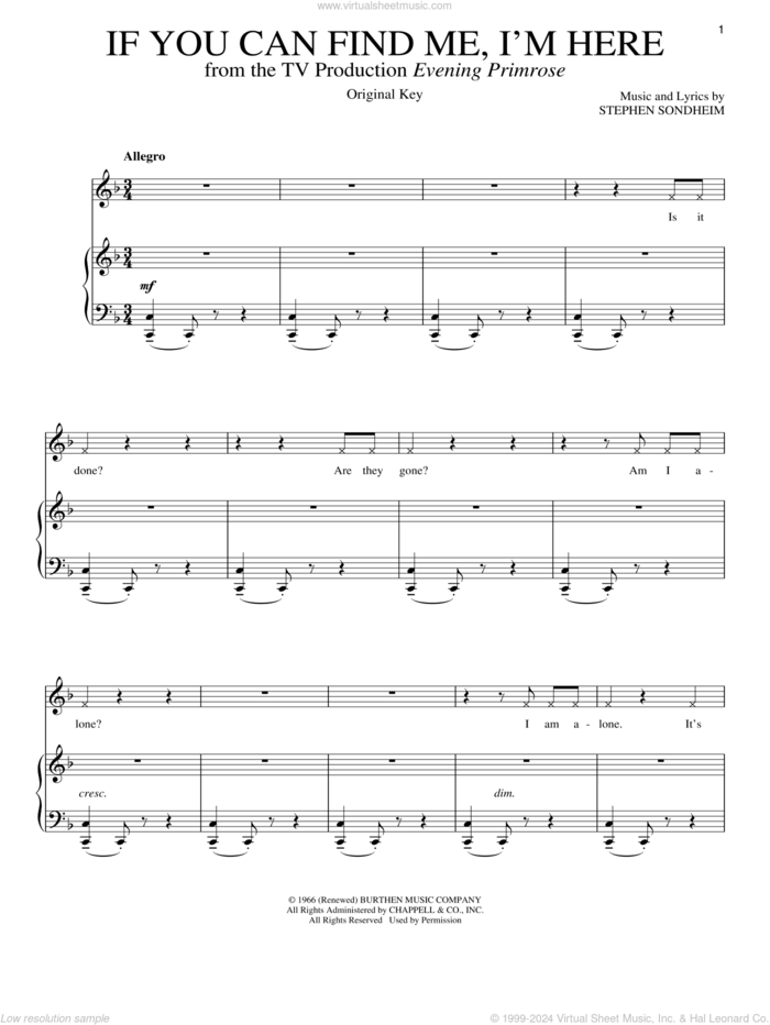 If You Can Find Me, I'm Here sheet music for voice and piano by Stephen Sondheim, intermediate skill level