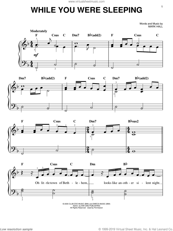 While You Were Sleeping sheet music for piano solo by Casting Crowns and Mark Hall, easy skill level