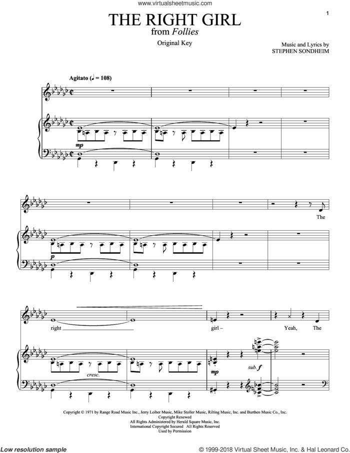 The Right Girl sheet music for voice and piano by Stephen Sondheim, intermediate skill level