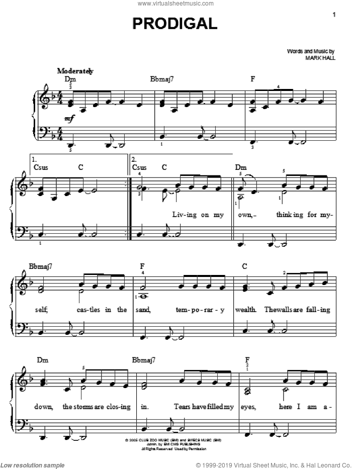 Prodigal sheet music for piano solo by Casting Crowns and Mark Hall, easy skill level