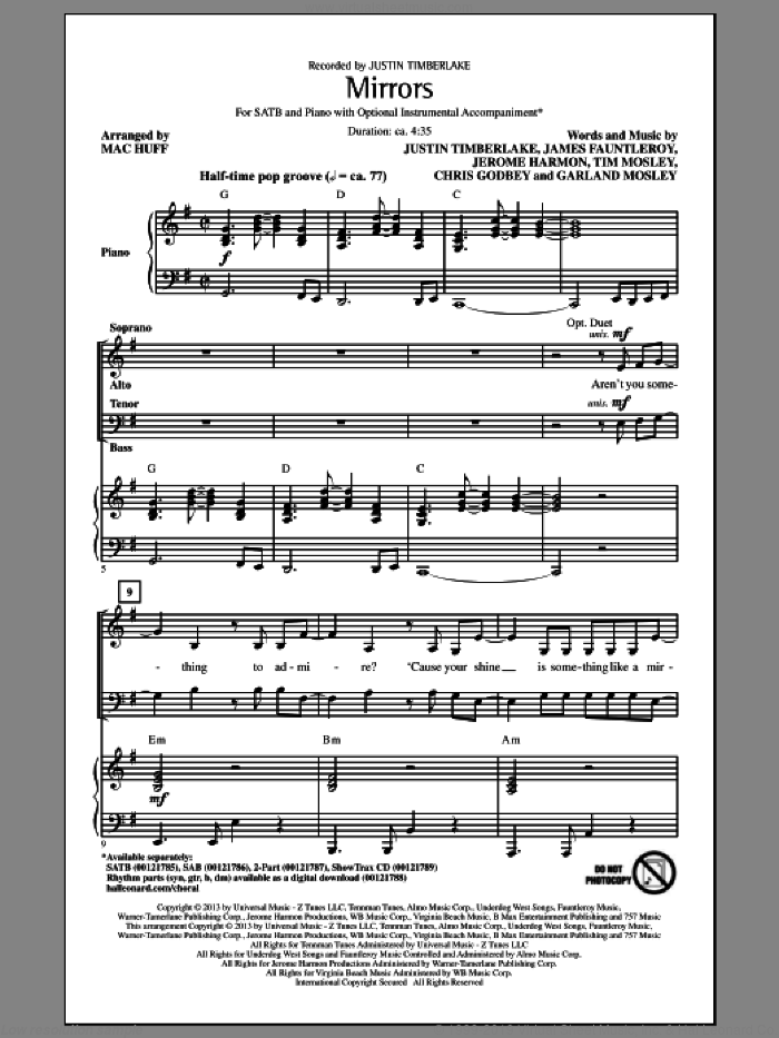 Mirrors sheet music for choir (SATB: soprano, alto, tenor, bass) by Mac Huff and Justin Timberlake, intermediate skill level