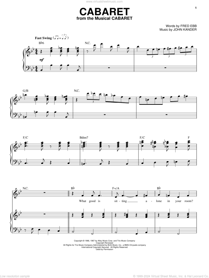 Cabaret sheet music for voice and piano by John Kander and Fred Ebb, intermediate skill level
