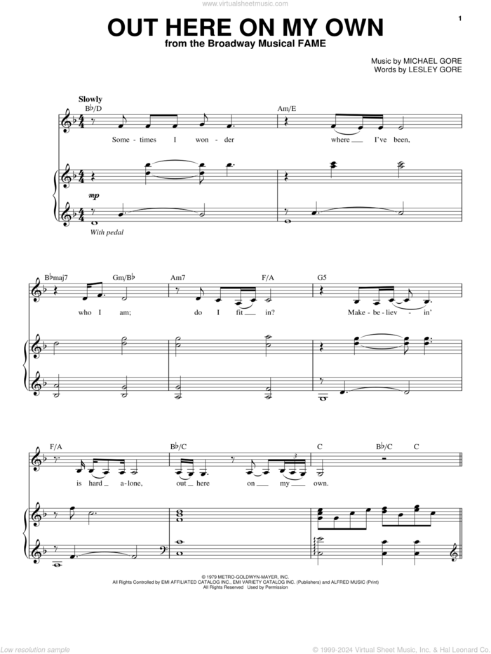 Out Here On My Own sheet music for voice and piano by Michael Gore and Lesley Gore, intermediate skill level