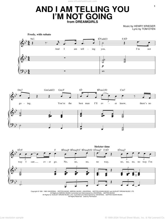 And I Am Telling You I'm Not Going sheet music for voice and piano by Jennifer Hudson, Henry Krieger and Tom Eyen, intermediate skill level