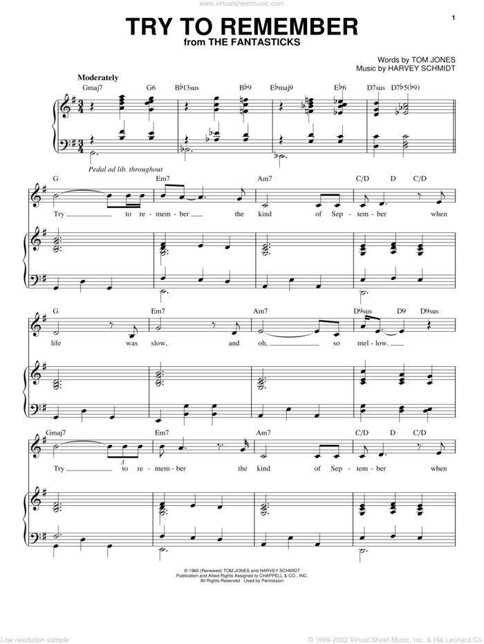 Try To Remember sheet music for voice and piano by Tom Jones and Harvey Schmidt, intermediate skill level