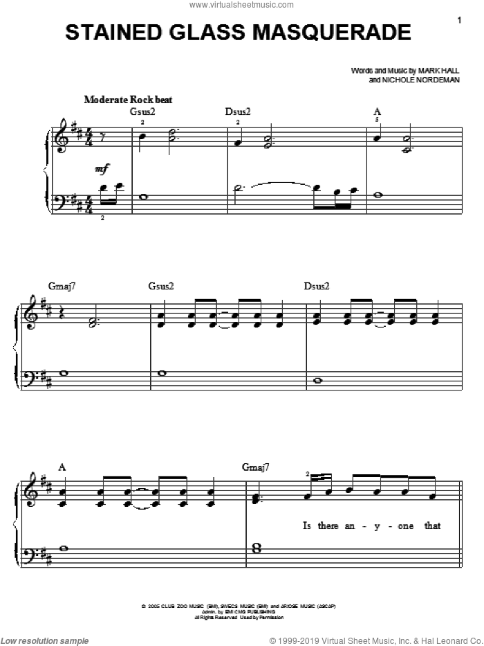 Stained Glass Masquerade sheet music for piano solo by Casting Crowns, Mark Hall and Nichole Nordeman, easy skill level