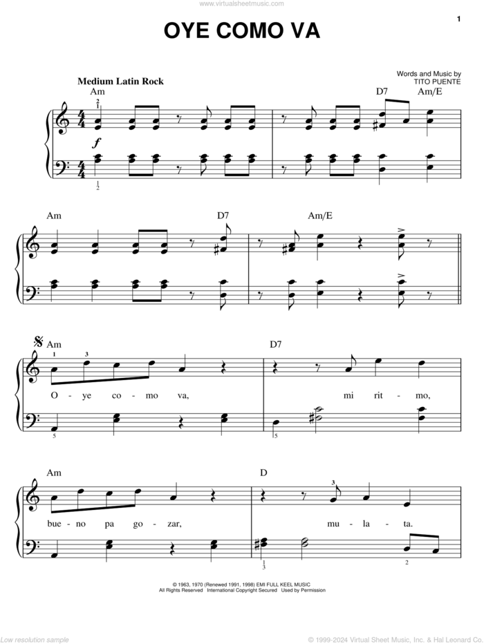 Oye Como Va, (easy) sheet music for piano solo by Tito Puente and Carlos Santana, easy skill level