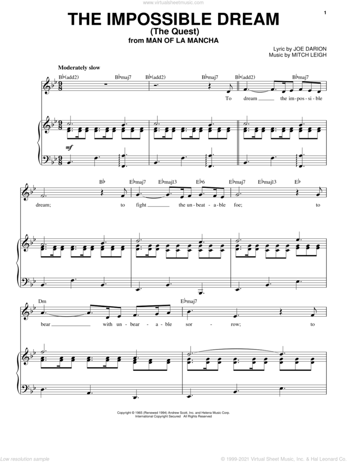 The Impossible Dream (The Quest) sheet music for voice and piano by Mitch Leigh and Joe Darion, intermediate skill level