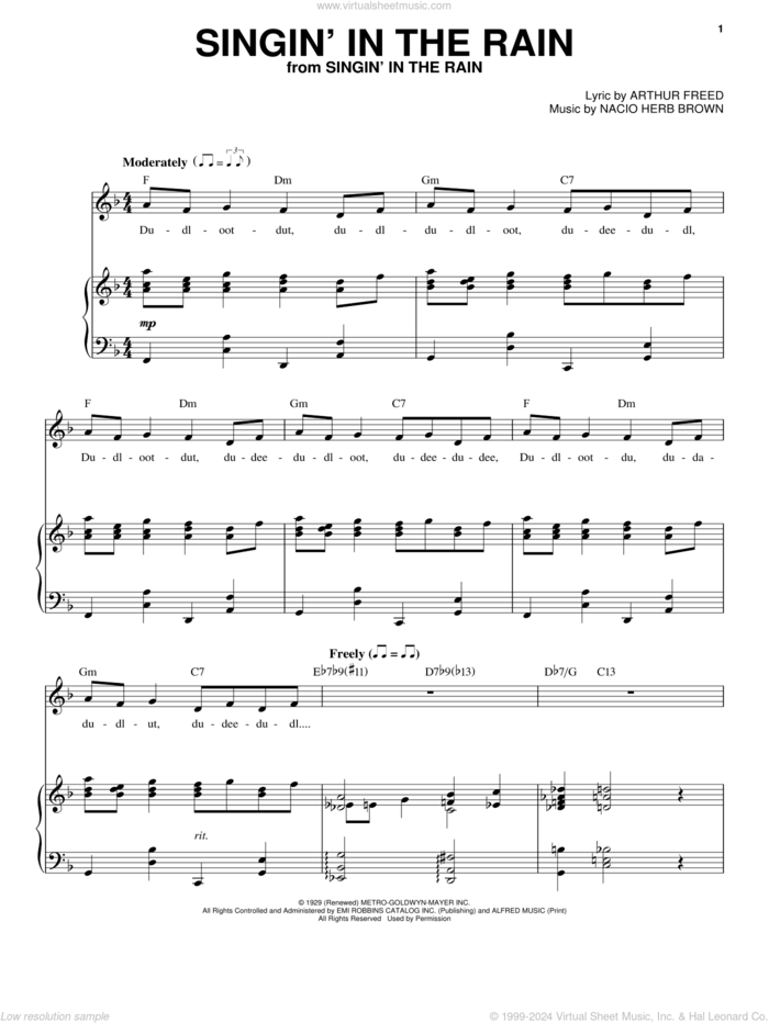 Singin' In The Rain sheet music for voice and piano by Nacio Herb Brown and Arthur Freed, intermediate skill level