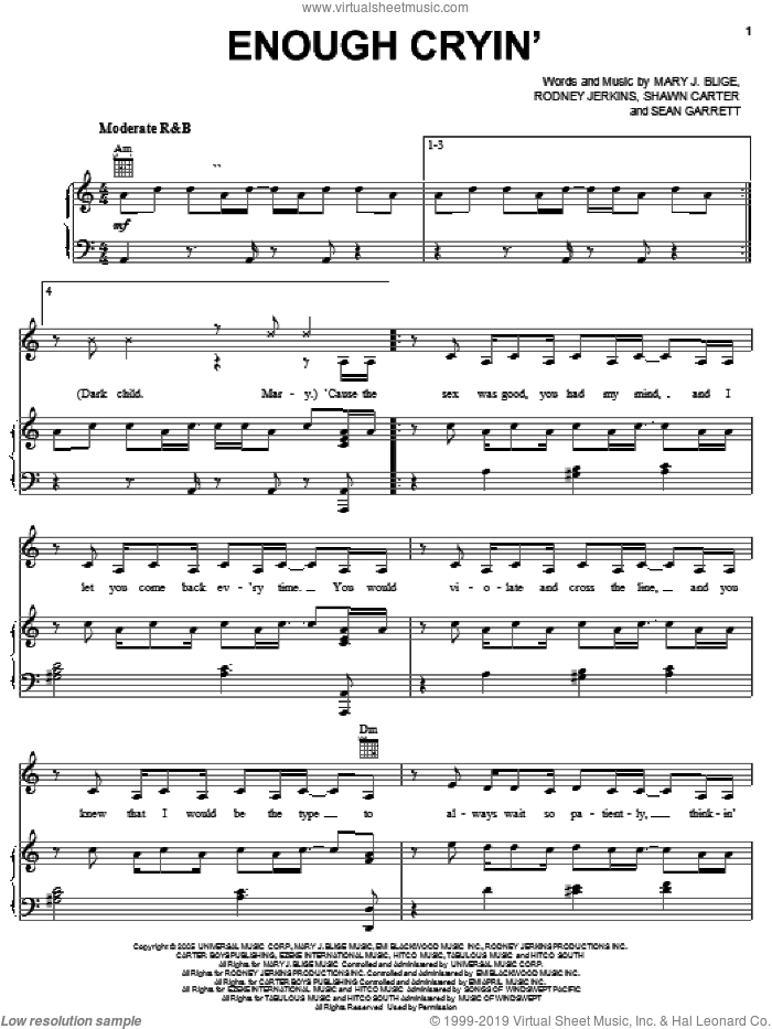 Enough Cryin' sheet music for voice, piano or guitar by Mary J. Blige featuring Brook-lyn, Mary J. Blige, Rodney Jerkins, Sean Garrett and Shawn Carter, intermediate skill level