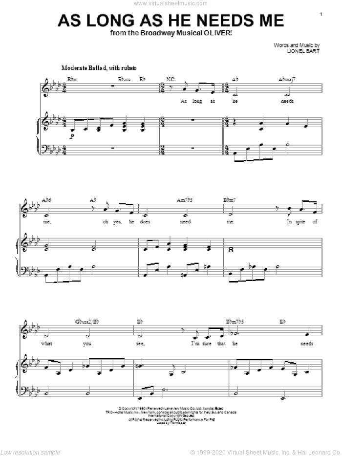 As Long As He Needs Me sheet music for voice and piano by Lionel Bart, intermediate skill level