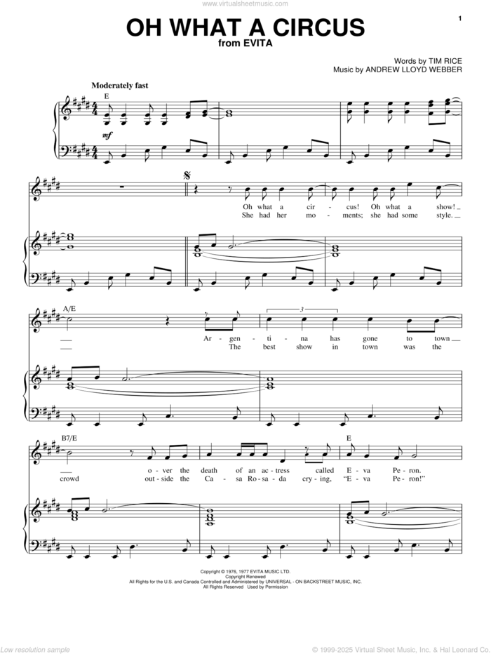 Oh What A Circus (from Evita) sheet music for voice and piano by Andrew Lloyd Webber and Tim Rice, intermediate skill level
