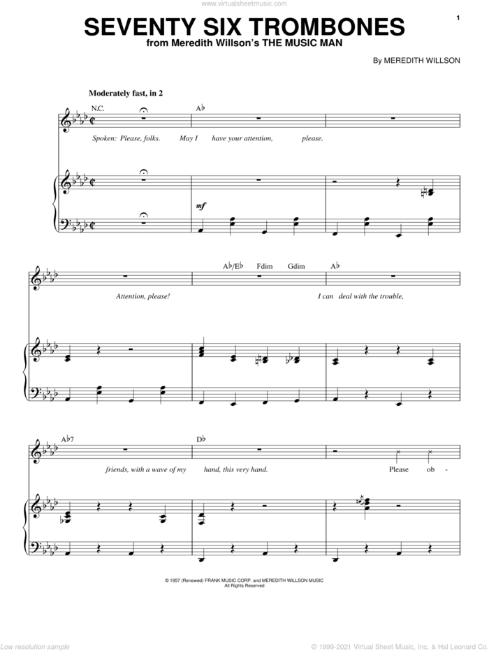 Seventy Six Trombones sheet music for voice and piano by Meredith Willson, intermediate skill level