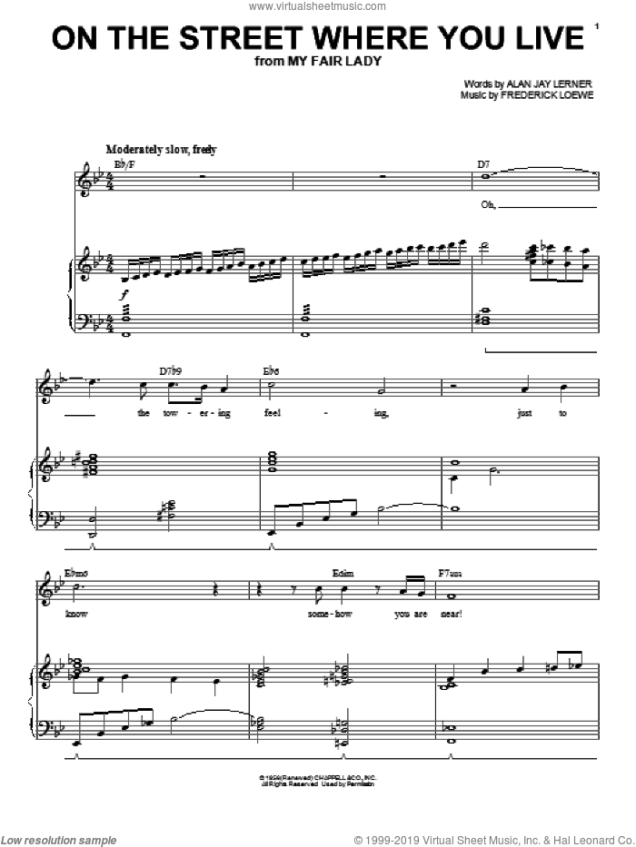 On The Street Where You Live sheet music for voice and piano by Frederick Loewe and Alan Jay Lerner, intermediate skill level