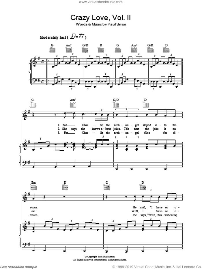 Crazy Love Vol. II sheet music for voice, piano or guitar by Paul Simon, intermediate skill level