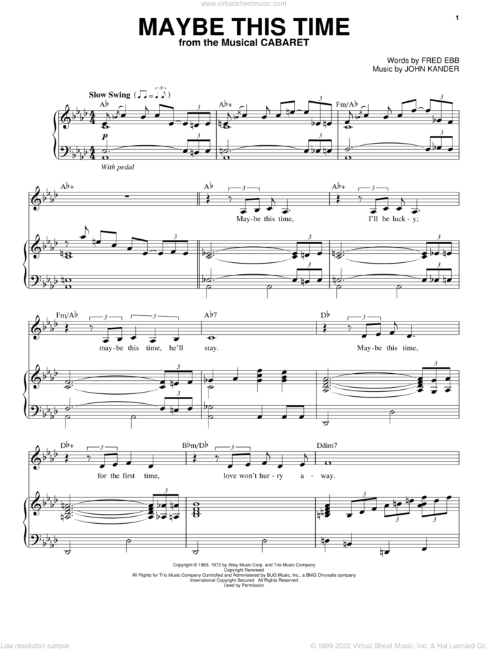 Maybe This Time sheet music for voice and piano by John Kander, Kander & Ebb and Fred Ebb, intermediate skill level